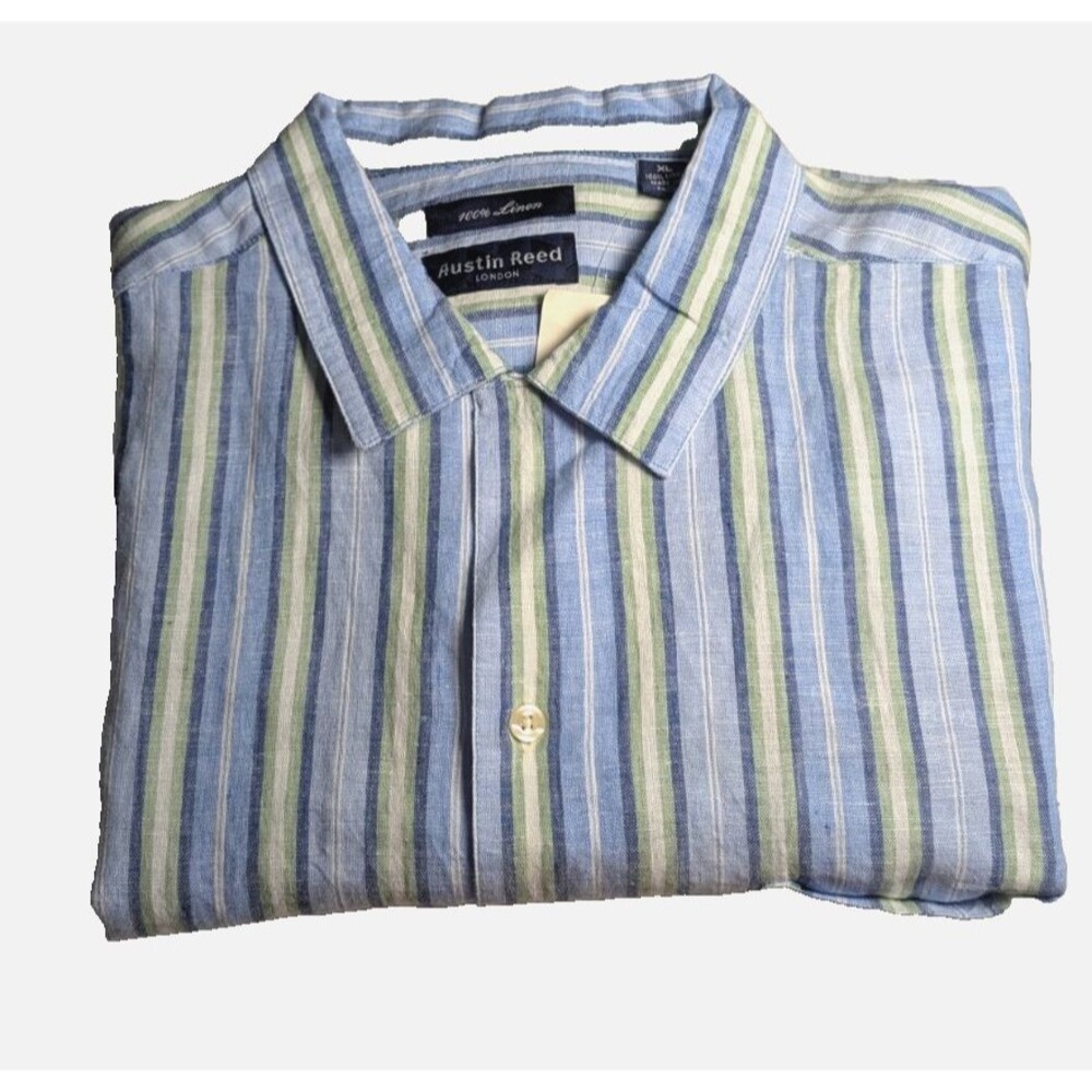 Austin Reed London S Sleeve Shirt 100% Linen Riviera Blue/Green Stripe NWT  VTG